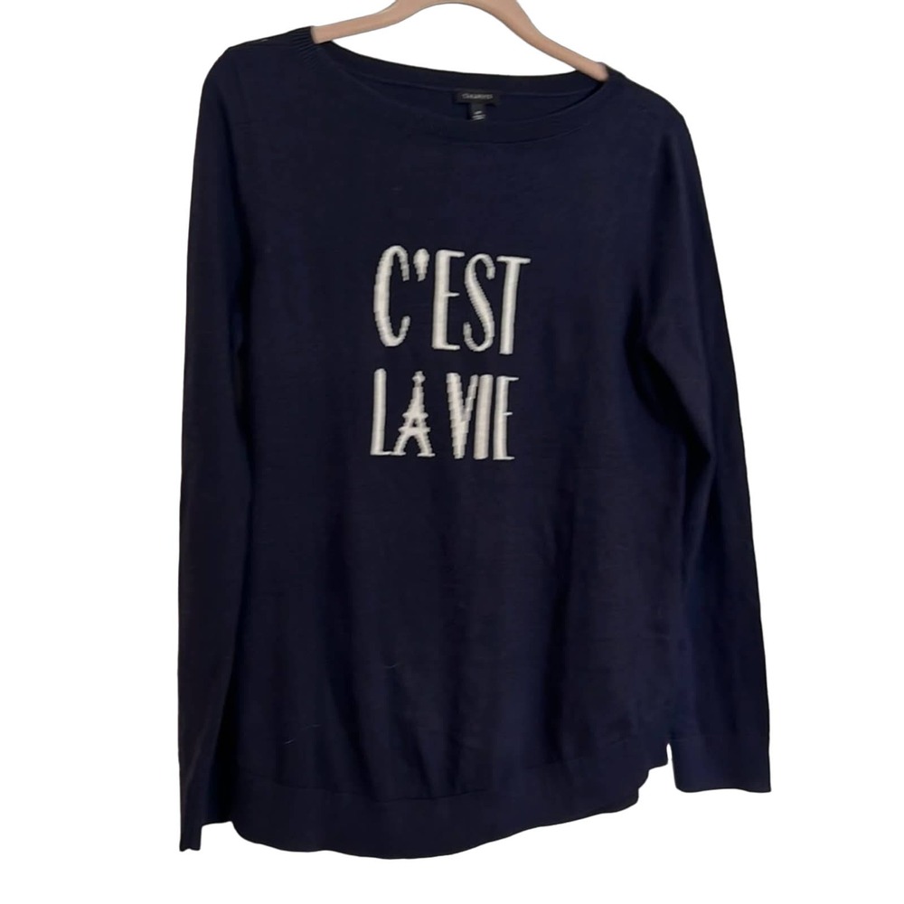 Talbots Navy Sweater with 'C'est La Vie' Design